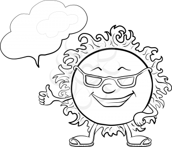 Smiling sun with black glasses and a cloud for your text, contours. Vector