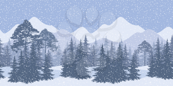 Seamless Horizontal Winter Mountain Landscape with Spruce Trees and Snow, Silhouettes. Eps10, Contains Transparencies. Vector