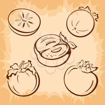 Fruits Set, Persimmon Brown Outline Pictograms on Beige Background. Vector