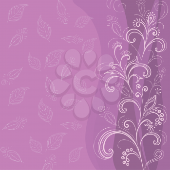 Symbolical flowers and leaves, white contours on lilac background. Vector