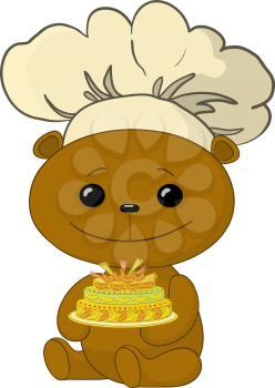 Cartoon toy teddy bear cook with beautiful sweet holiday cake. Vector