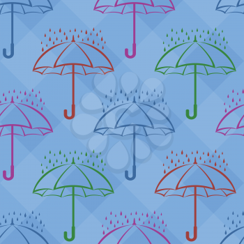 Seamless background, various umbrellas and rain drops on blue squares. Vector