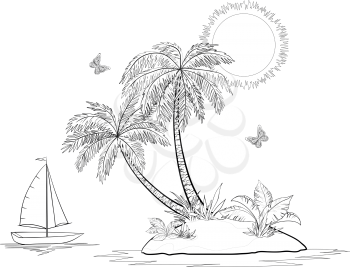 Ship, sun, tropical sea island with palm trees, flowers and butterflies, black contours isolated on white background. Vector