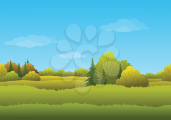 Seamless background, cartoon autumn landscape: forest and sky. Vector