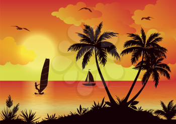 Tropical Landscape, Sunset Sea, Sportsman Surfer, Palm Trees and Flowers, Ship and Birds Gulls in the Sky with Clouds. Eps10, Contains Transparencies. Vector