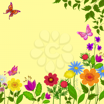Flowers, butterflies and leaves on a yellow background. Vector