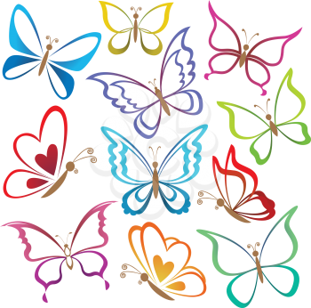 Set abstract butterflies, coloured contour silhouettes on white background. Vector
