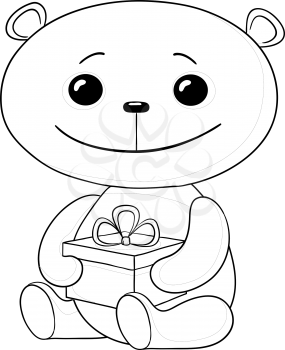 Cartoon teddy bear sits with a celebratory gift box in paws, black contours isolated on white background. Vector