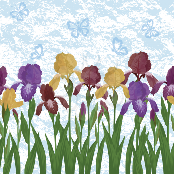 Irises flowers on an abstract blue background with silhouettes of butterflies, seamless pattern. Eps10, contains transparencies. Vector