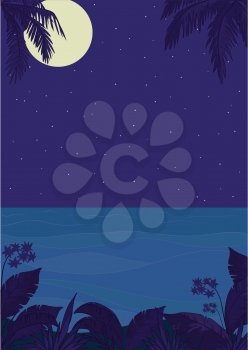 Exotic tropical ocean landscape with moon night sky, palm trees leaves and flowers. Vector