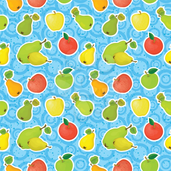 Seamless pattern, apples and pears on a blue background with circles. Vector