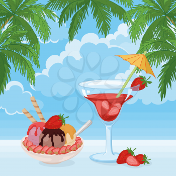 Food and Drink, Cup of Ice Cream, Almond Nuts and Strawberries and a Glass with Berry Cocktail on The Background of Blue Sky with Clouds and Palm Leaves. Vector
