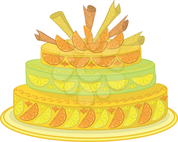 Holiday pie decorated with oranges, lemons and wafers, vector
