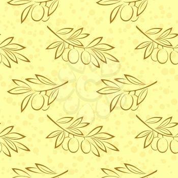 Seamless Pattern, Olive Branch with Berries and Leaves Brown Pictograms on Abstract Yellow Background with Circles. Vector