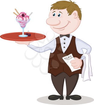 Cartoon Waiter Holding a Tray with a Glass Vase of Pink Ice Cream, Cherry Berries and Wafers. Eps10, Contains Transparencies. Vector