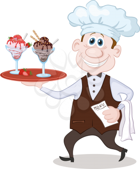 Cartoon Chef Carries a Tray with a Glass Vases of Strawberry and Chocolate Ice Cream, Waffles and Almonds. Eps10, Contains Transparencies. Vector