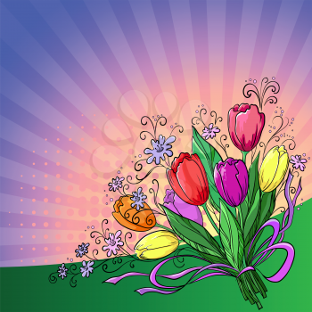 Flower background, bouquet tulips flowers and sun rays. Vector