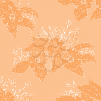Seamless floral background, cosmos flowers and leaves, contour and silhouette. Vector