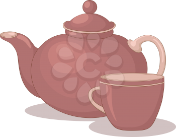 Tea thing: dark red china teapot and cup. Vector