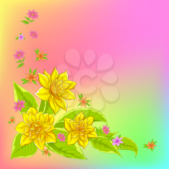 Floral background, pattern with flowers narcissuses on pink and green. Vector