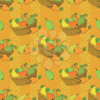 Seamless pattern, wicker baskets and fruits pears on abstract yellow orange background with leaves contours. Vector