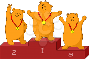 Sports cartoon, teddy bears sportsmans stand on a podium. Vector