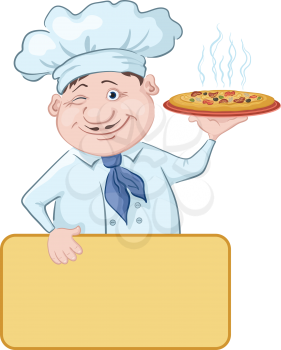 Cartoon cook - chef with delicious hot pizza and poster, free for your text. Vector