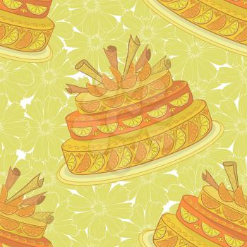 Seamless background, holiday pie decorated with oranges and wafers and floral pattern. Vector