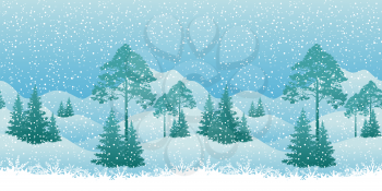 Seamless Horizontal Winter Christmas Mountain Woodland Landscape with Trees and Snowflakes Silhouettes. Vector