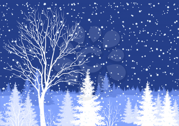 Seamless horizontal background, winter Christmas holiday woodland night landscape with trees and snowflakes white silhouettes. Vector
