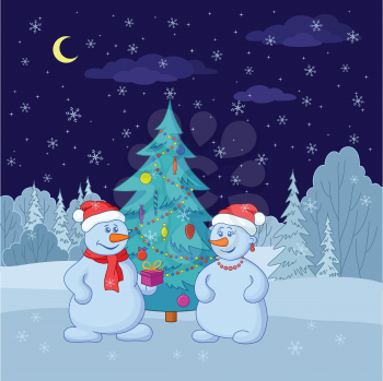Cartoon, snowmans with holiday gifts under the Christmas tree in winter forest. Vector