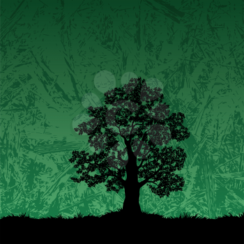 Oak tree with leaves and grass black silhouette on abstract green background. Vector