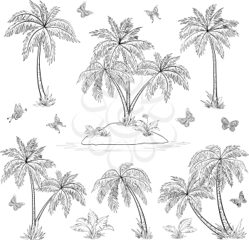Tropical set: sea island with plants, palm trees, flowers and butterflies, black contours isolated on white background. Vector