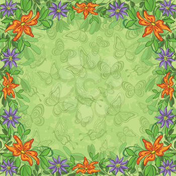 Floral background, pattern of flowers, green leafs and butterflies. Eps10, contains transparencies. Vector