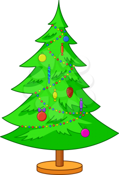 Christmas holiday fir tree with decorations, isolated on white background. Vector