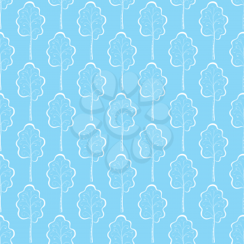 Abstract seamless background, winter blue trees birches, pictograms. Vector illustration