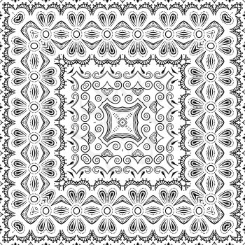Seamless floral pattern, black symbolical contours isolated on white background.