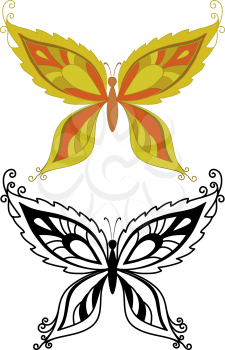 Butterflies with abstract floral pattern: red - orange and black outlines on white background. Vector