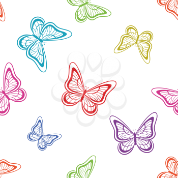Seamless background, various symbolical butterflies, coloured contours on a white background. Vector