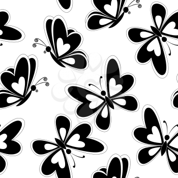 Seamless background, butterflies black silhouettes on white background. Vector