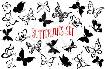 Set Butterflies Pictograms, Monochrome Black Contours and Silhouettes Isolated on White Background. Eps10, Contains Transparencies. Vector
