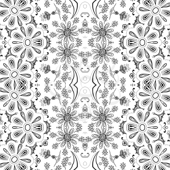 Seamless floral pattern, black symbolical contours isolated on white background. Vector