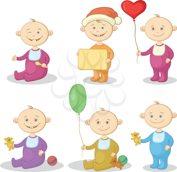 Set Holiday Cartoon Children with Toy Teddy Bears, Balloons, Sign and Spoon. Vector