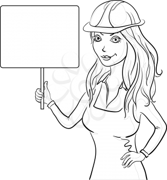 Beautiful girl worker in a helmet holding a sign for your text, contours. Vector