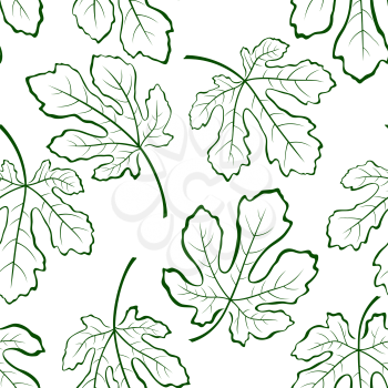 Seamless Tile Pattern, Fig Tree Green Leaves Outline Contour Pictograms Isolated on White Background. Vector
