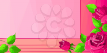 Rectangular Pink Background for Your Text with Low Poly Floral Pattern, Red Rose and Green Leafs. Vector