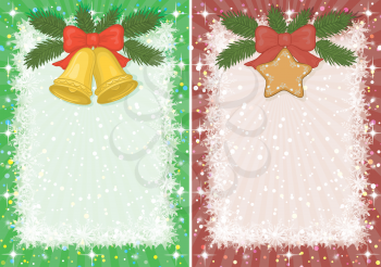Backgrounds for Christmas holiday design: gold bells, star, pine branch, snowflakes and beams. Eps10, contains transparencies. Vector