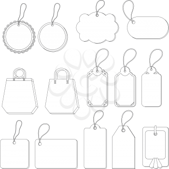 Set of labels and tags with ropes, contours on white background. Vector