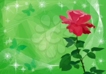 Holiday Background with Flower Rose, Butterflies and Star Silhouettes, Low Poly Pattern. Vector