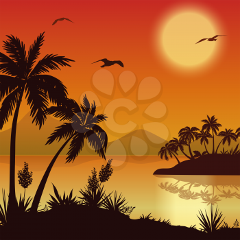 Tropical Landscape, Sea Islands with Palm Trees, Flowers, Mountain, Clouds, Sun and Birds Gulls, Black Silhouettes on Red - Yellow Background. Eps10, Contains Transparencies. Vector